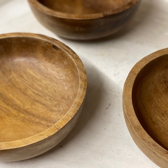 Vintage Raw Teak Wood Trio Of Decorative Wooden Bowls - Picture 11 of 17